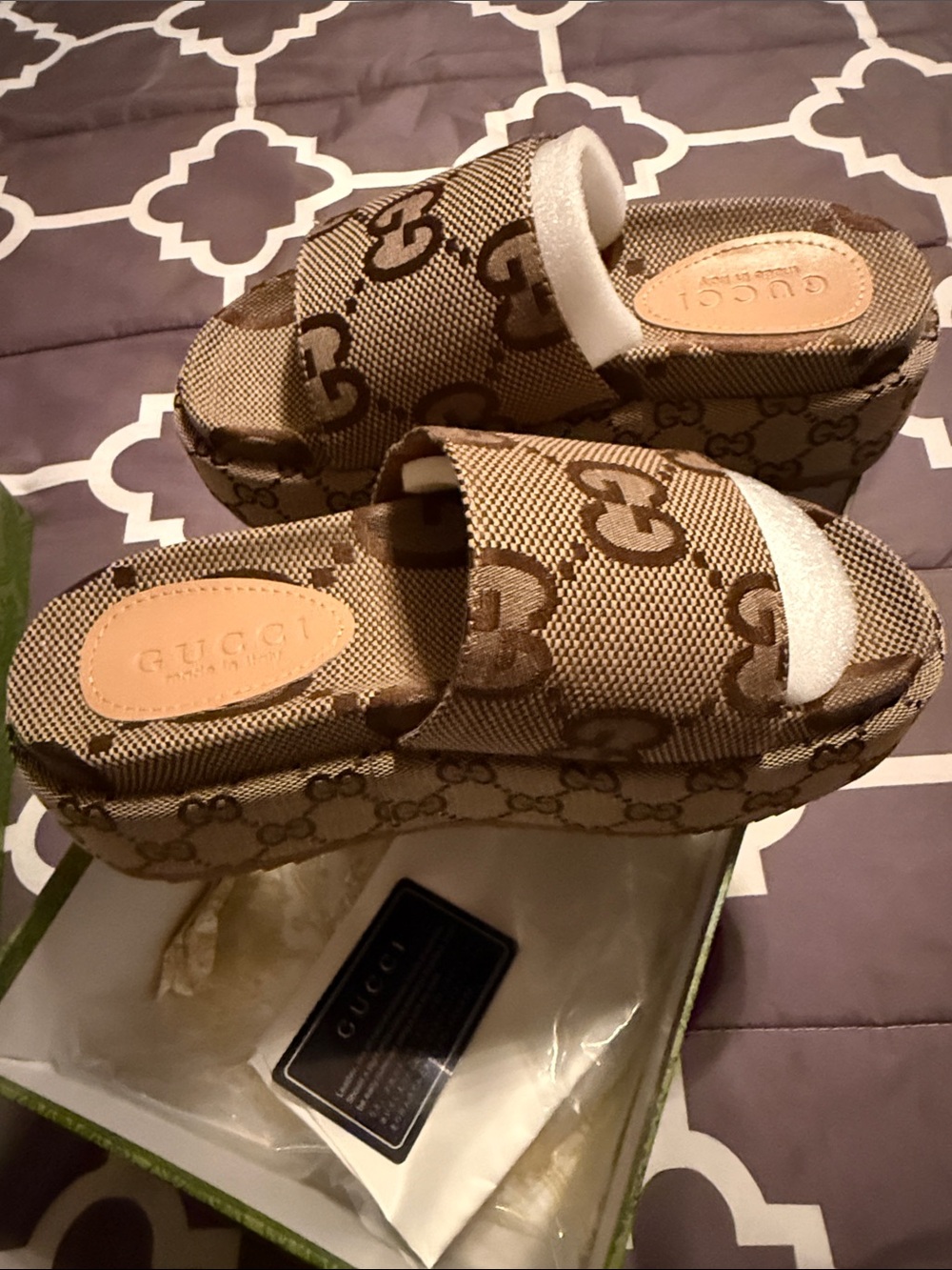 Gucci Beige/Brown Monogram Platform Sandals - Picture 2 of 6